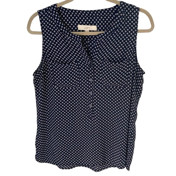 Ann Taylor Loft Sleeveless Top Blouse Sz Medium Navy Blue Buttons Front Pockets - Picture 1 of 5